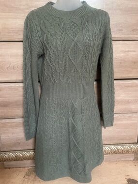 Lucky Brand Olive Green Cable-Knit Long Sleeve Sweater Dress